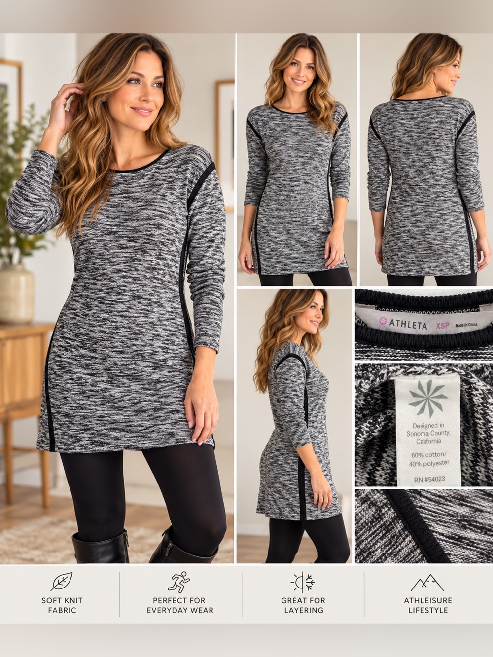 Athleta Marled Knit Sweater Dress Tunic Black Gray Athleisure XS Petite